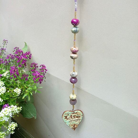 Artisan Ceramic Heart Beaded Suncatcher Life is a Journey Crackled Glass NEW - Picture 8 of 15